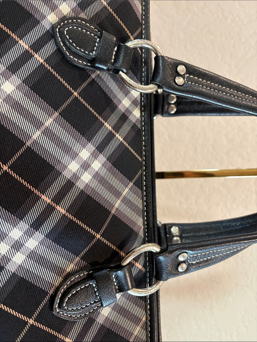 Burberry Black Plaid Tote Canvas Bag with Leather Handles - Picture 6 of 16